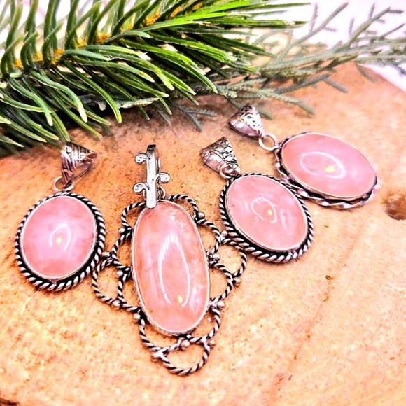 Beautiful Nature Rose Quartz Silver Flower Design Pendant Necklace - Picture 2 of 10